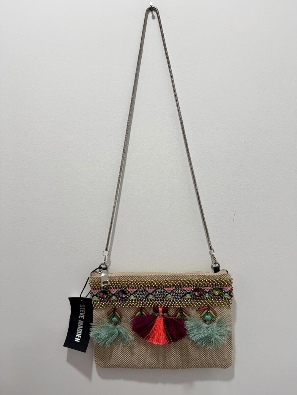 Steve Madden Beaded Tassel Crossbody Clutch Bag Multicolor Boho Festival NWT - Picture 2 of 14